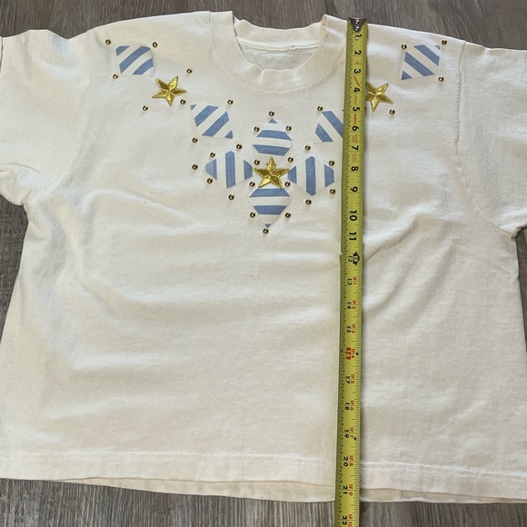 Vintage 1990s Nautical Striped + Stars Patchwork Studded Cropped T-Shirt - Picture 15 of 15